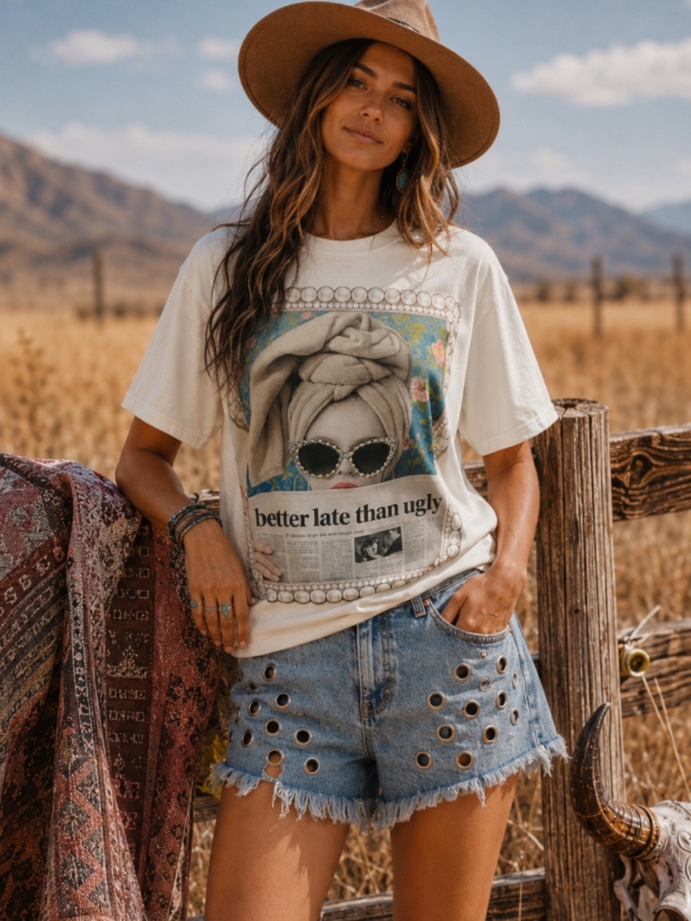 Boho GIAJEAN “BETTER LATE THAN UGLY “ BOHO Graphic Tee with RHINESTONE DETAIL 68